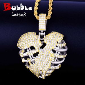 Broken Skeleton Heart Pendant Necklace AAA Cubic Zircon Men's Hip Hop Rock Jewelry X0707