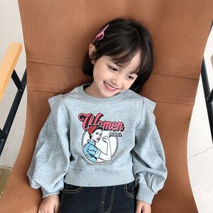 Girls fashion printing balloon sleeve pullovers casual cotton 2 colors all-match sweatshirts Tops 210508