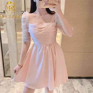 Summer Ladies Cute Sexy Square Collar Polka Dot Half Sleeve Mesh Patchwork PInk Mini Dresses For Women Party Dress 210506