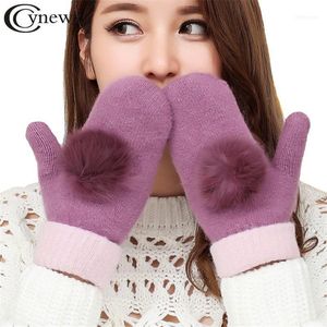 Real Fur Ball Design Womens Knitted Mittens Gloves Winter Autumn Keep Warm Wool High Quality Fashion Female Glove1