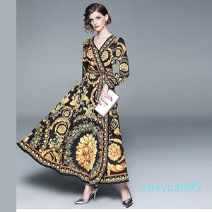 여성 여름 Lond 드레스 휴일 맥시 느슨한 Sundress 꽃 프린트 v 넥 긴 소매 Elegante 드레스 칵테일 파티 바로크