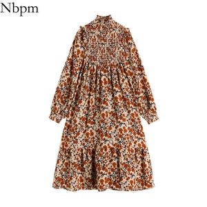 NBPM Mulheres Doce Moda Com Vintage Elegante Impressão Floral Plissada Midi Dress Slow Sleeves Cintura alta Vestidos Mujer Chic 210529