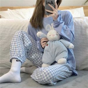 Pijama Home Suit Loungewear Plaid Trousers Femme Nightie Ladies Pyjamas Korean Pjs Set Trouser Suits 211215