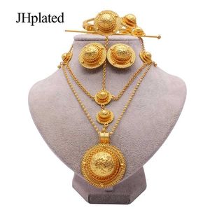Etiopiska 24K guldpläterade brud smyckesset Hårnålshalsband örhängen armband ring presenter bröllop smyckesset för kvinnor 220119