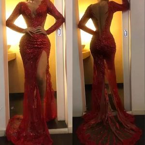 2022 Sparkling Red Sheer V Neck Sequins High Split Mermaid Prom Dresses Long Sleeve Tulle Applique Sweep Train Formal Party Evening Gowns