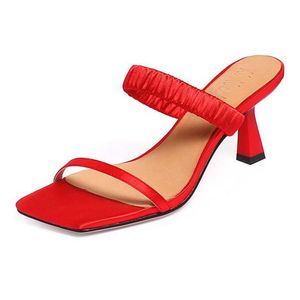 Silk Mules Basic Clothing Flip Flop Thin High Heels Summer Fairy Slip On Wedding Peep Toe Model Beauty Sandals L81