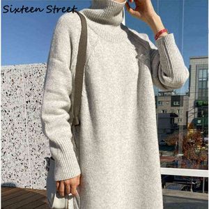 Turtleneck Sweater Dress Long Sleeve Female Thick Loose Knitted Vintage Femme Robe Korean Fall 2021 Women Clothing Winter Autumn G1214