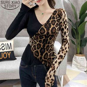 Sexy Women Bluzka Moda Leopard Koszula Łączenie Siatki V-Neck Damskie Topy Z Długim Rękawem Plus Rozmiar 6241 210506