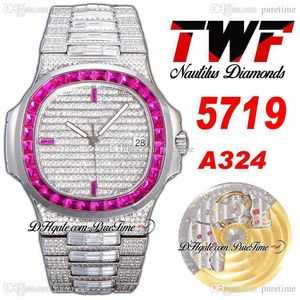 2022 TWF 5719 A324 Automatiska Mens Watch Red Diamonds Bezel Paved Diamond Stick Dial och helt Iced Out Armband Super Edition Smycken Klockor Ny Puretime G7