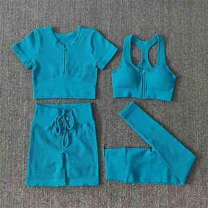Seamless Yoga Set Workout Shirts Sport Pants Bra Gym Clothing Tracksuit Drawstring High Waist Running Leggings Fitness Suit 210813