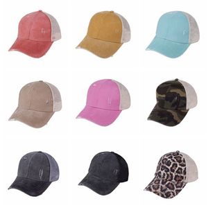 Hästsvans hattar 9 färger tvättade kors mesh back leopard camo ihålig rörig bun baseball cap trucker hatt cyz3154