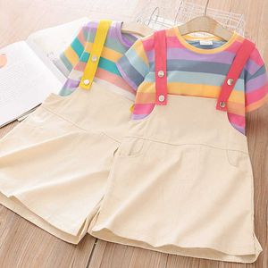 Sommar 2 3 4 6 8 10 12 år Baby Overells Bomullsklänning + Kortärmad Stripe T-shirt 2 st School Kids Girls Clothes Set 210529