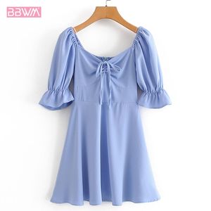 Harajuku francês retro chifre mangas expostas clavícula cintura princesa feminina vestido doce céu azul férias vestidos femininos 210507