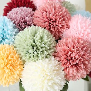 Single stem artificial chrysanthemum flower green leaves fake silk floral party wedding decorative flowers home dinner table decoration for gift DIY accessories