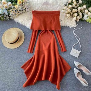 Women's Dress Slash Neck Sexy Off Shoulder Long Sleeve Tight Knit Wrap Buttock Fishtail Solid Color Vestidos K581 210527