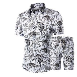 Yaz Hawaii Eşofman Erkekler Rahat Moda Çiçek Baskı Gömlek + Şort Set erkek 2 Parça Set Plaj Erkek Serin Giyim Takım Elbise 210714