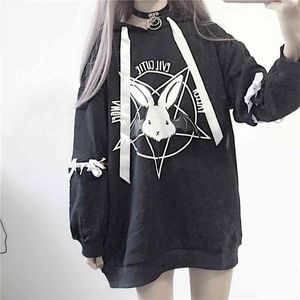 Harajuku Hoodies Autumn Women Print Lace Up Gothic Punk Oversize Tops Long Sleeve Hooded Sweatshirt Pullover Streetwear 210909