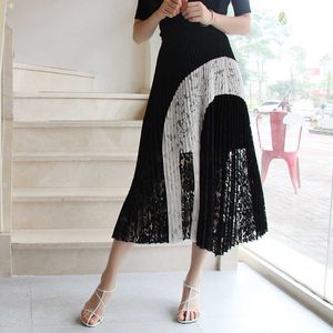Женщины кружевная юбка Летние повседневная стрейч нерегулярная плиссированная середина теленка черная линия мода дам S 210608