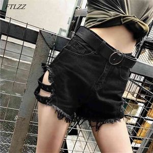 Mulheres verão streetwear buraco rebite azul denim shorts com cinto casual feminino cintura alta jeans preto 210430