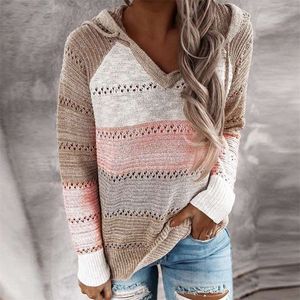 Wiosenne topy damskie swetry moda patchwork kapturem damskie bluzy długie rękawy casual odzież v-neck samica bluzy 210928