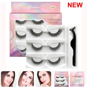 Makeup Self Adhesive False Eyelashes 3 Pairs Fake eyelash and Tweezer Set Extension Handmade 3D Lashes Soft Natural Thick Cross Lightweight Pestañas postizas