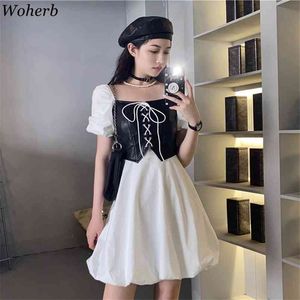 Mode Streetwear PU Läder Patch Midi Dress Kvinnor Elegant Femme Sommar Vintage Sexig Lady Dresses Cool Vestidos 210519