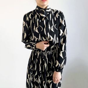 Spring Women Vintage High Waist Elegant Hit Color Printing Stand-up Collar Bow Maxi Dress Stand Neck Straight Robe 210510