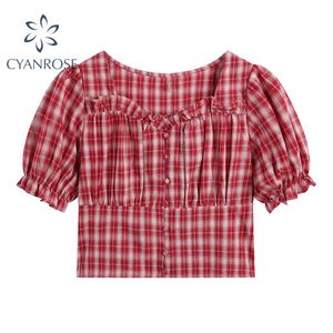 Vintage Czerwona Plaid Crop Bluzka Dla Damskich Puff Krótki Rękaw Eleganckie Ruffle Design Shirts Kobiety Mori Girl Rok Ulzzang Topy Mujer 210417