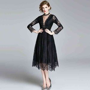 Sexy Hollow Out Patchwork Bottoming Lace Dress Women Elegant Vintage Black Dresses OL See Through Work Vestidos 210520