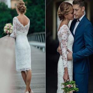 2022 Abiti da sposa a sirena in pizzo Lunghezza al ginocchio Abito da sposa Maniche lunghe a 3/4 Scollo smerlato Paese Vestidos de novia Custom Made Taglie forti Bottoni ricoperti Indietro