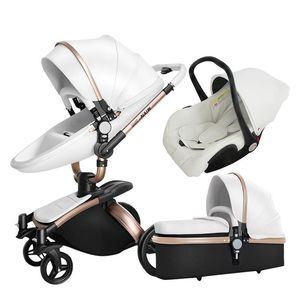 Strollers# Baby Luxury Designer Brand Leather 3 in 1 Stroller Two Way Suspension 2 Safety Car Seat Born Bassinet Carriage Pram Fold1 Sell Like Hot Cakes Popular