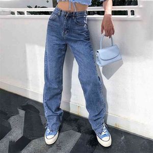 Proste Dżinsy Damskie Damskie Wysokie Talia Boyfriend Fit Baggy Jean Split Foot Cargo Spodnie Myte Loose Classic Long Trouser 210720