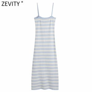 Kvinnor Mode Striped Print Casual Slim Stickning Sling Klänning Kvinna Chic Sommar Spaghetti Strap Vestido DS8283 210416