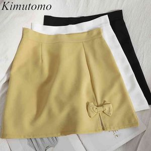 Kimutomo Coreano Split Bow Gonna Donna Primavera Estate Vita alta Tinta unita A-line Sottile Minigonna abbinata Casual 210521