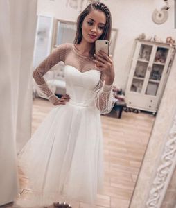 Wedding Dress Short White 2021 Long Sleeve Puff A-Line Tulle O-Neck Bridal Gowns Custom Made Point Net Elegant