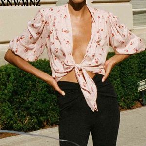 Yay ile Kadın Moda Bağlı Çiçek Baskı Kırpılmış Bluzlar Vintage Üç Çeyrek Kollu Kadın Gömlek Chic Tops 210520