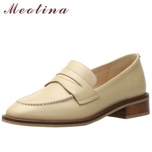 Primavera Natural Cuero genuino Med Tacones Mocasines Zapatos Mujer Bombas Tacón grueso Vestido de damas Calzado Negro Tamaño 40 210517