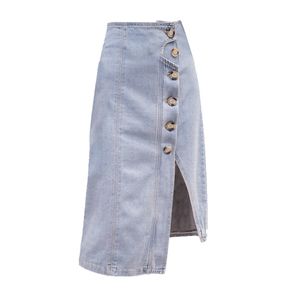 Blau-weißer, asymmetrischer, geteilter, knielanger Bleistiftrock aus Denim, High Street Empire, einreihig, Sommer S0265 210514