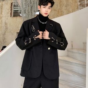 Autumn Winter Mens Blazer Jacket Retro Men's Black Blazer Suit Jackets Iron Ring Accessories Coat Club DJ Stage Clothes Costume 210527