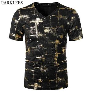 Shiny Gold Bronzing Print T-shirt Men Brand Short Sleeve V Neck T Shirt Hip Hop Club Party Stage Clothing Camisetas 210629