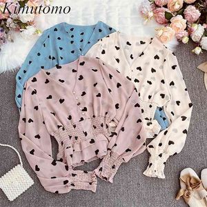 Kimutomo Heart Print Chiffon Shirt Girls French Style V-neck Puff Sleeve Slim Waist Blouse Female Fungus Ruffles Elegant Tops 210521