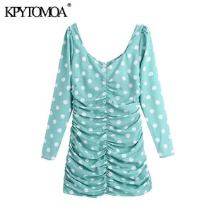 Women Chic Fashion Polka Dot Pleated Mini Dress Vintage Long Sleeve Back Zipper Female Dresses Vestidos Mujer 210416