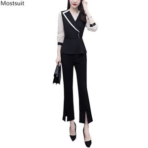 Outono elegante dois peça conjunto mulheres plus size moda túnica polca manga longa tops e cintura elástica split pant terno coreano 210513