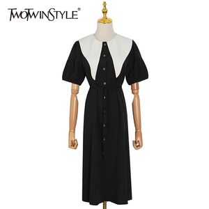 Hit Color Casual Dress For Women Sailor Collar Puff Short Sleeve High Waist Lace Up Midi Dresses Female Summer 210520