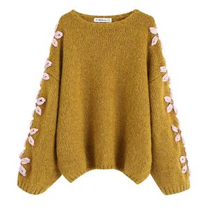 Стильные шикарные вышивки негабаритные свитера женские мода o шеи пуловеры элегантные дамы свободные летучие мыши трикотаж 210520