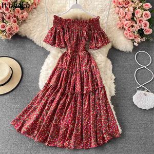 Vintage Floral Sexy Dress Women Summer Off Shoulder Elastic Waist Party Dresses Beach Holiday Chiffon Maxi Vestidos 210519