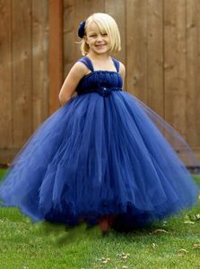 Abito da ragazza in fiore con bellissimo abito da ballo in pizzo blu per matrimoni Abito da prima comunione in tulle a strati con spalline alla caviglia