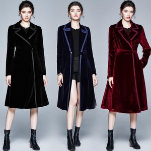 Women's Trench Coats High-End Retro Velvet Dress Female 2021 Fall Winter Lapel Patchwork Trim Long Sleeve Slim OL Work Wear Coat