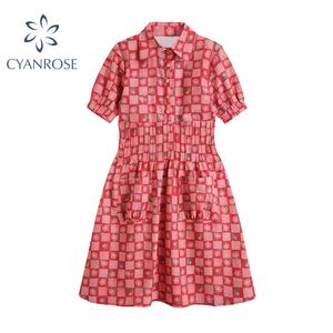 Summer Korean Vintage Doll Collar Contrast Color Plaid Pattern Women Dress Print Short Sleeve Elegant Casual Female Dress 210417