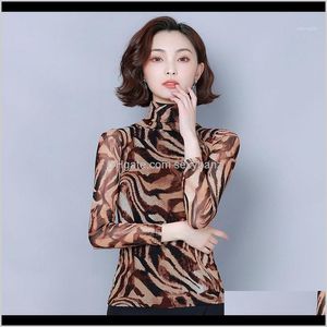 ブラウスレディース服アパレルドロップデリバリー2021ファッション女性シャツLeopard TurtleNeckメッシュレースブラウスシャツ99641 K2Y7H